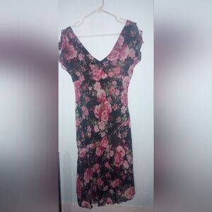 CDC Black and Pink Sheath Midi Dress with V-Neck